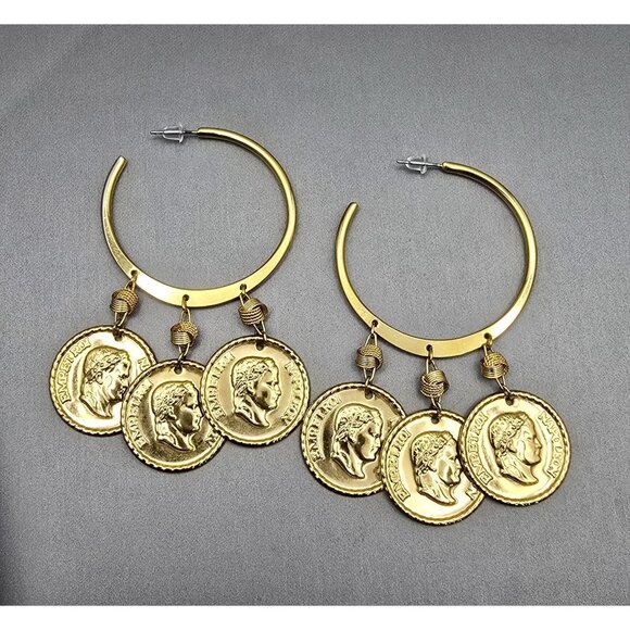 VTG Gold Coin Napoleon Empereur Dangle Hoop Post Earrings 3" Statement 1980s - Picture 1 of 10